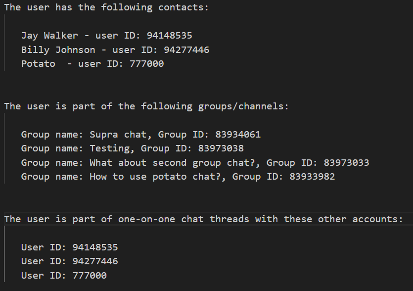 Screenshot of parsed data