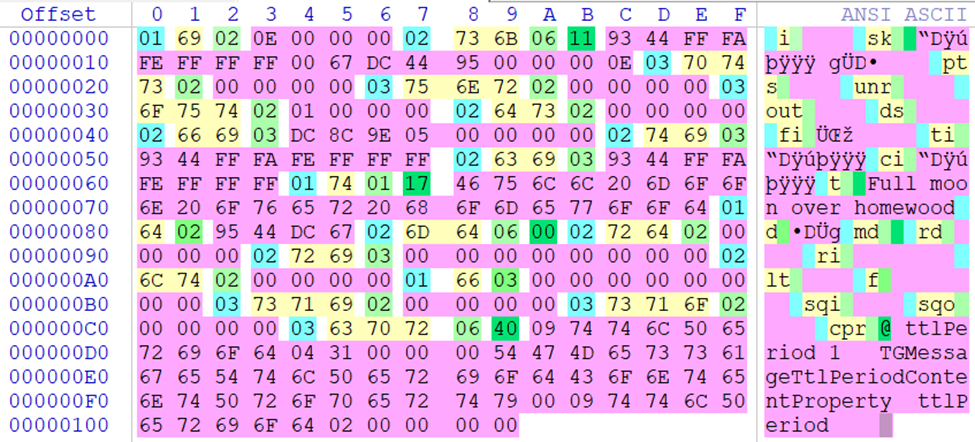 Screenshot of highlighted pattern in hex BLOB